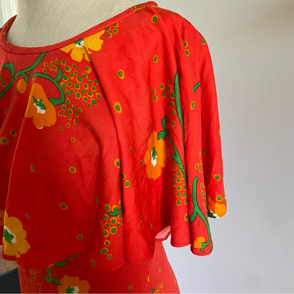 Vintage Leslie J bright red floral flower ruffle top maxi dress S Hawaiian - Picture 3 of 14